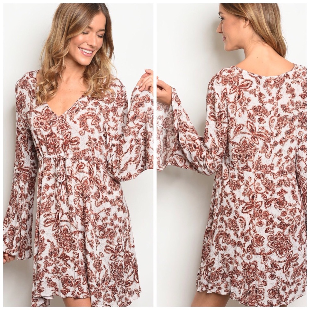 Floral Rust Midi Long Sleeve Dress